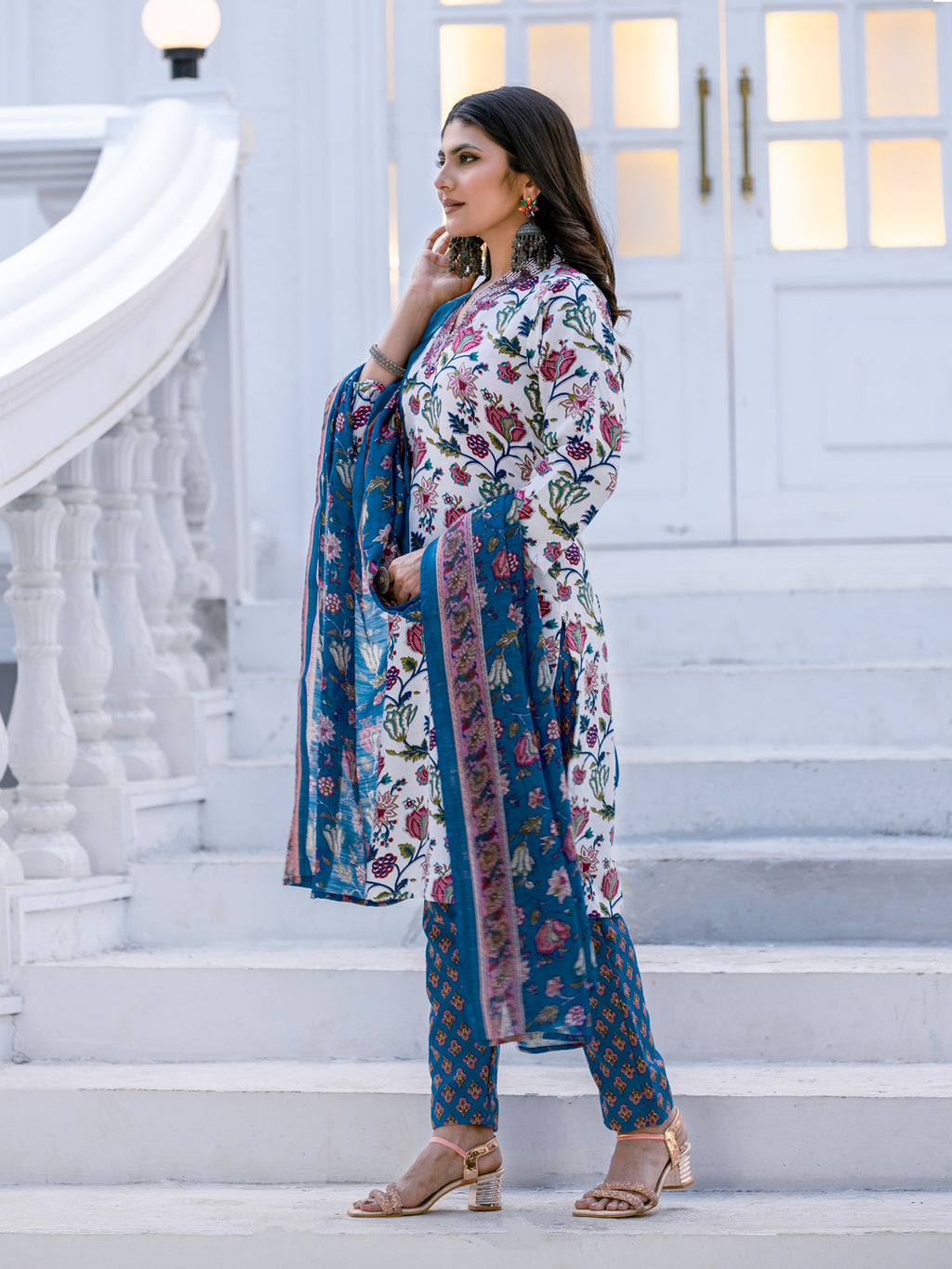 Kurti Pant Dupatta Set, Stitched, Rayon, White