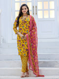 Kurti Pant Dupatta Set, Yellow Rayon, Stitched