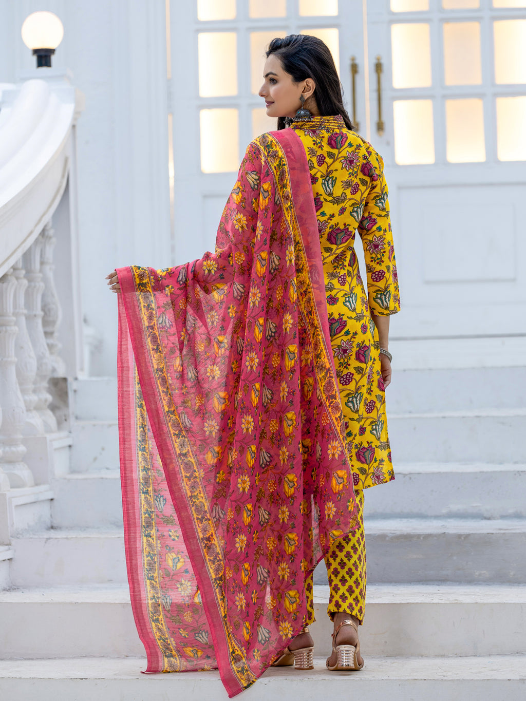 Kurti Pant Dupatta Set, Yellow Rayon, Stitched