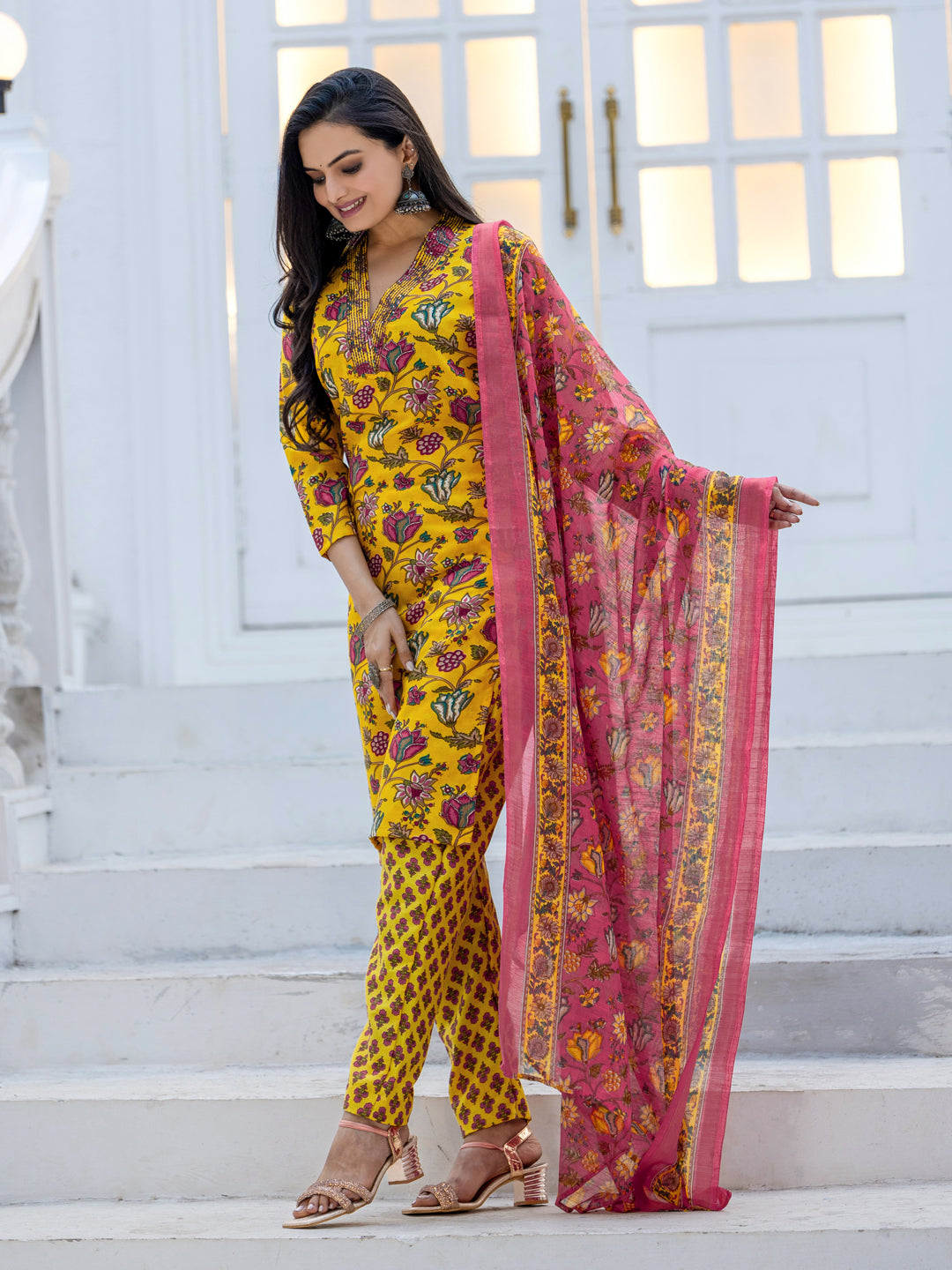 Kurti Pant Dupatta Set, Yellow Rayon, Stitched