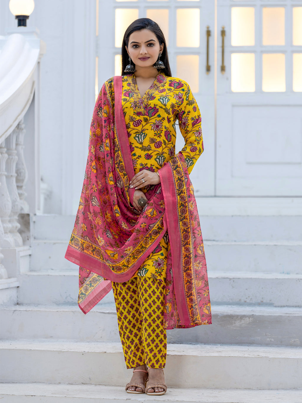 Kurti Pant Dupatta Set, Yellow Rayon, Stitched