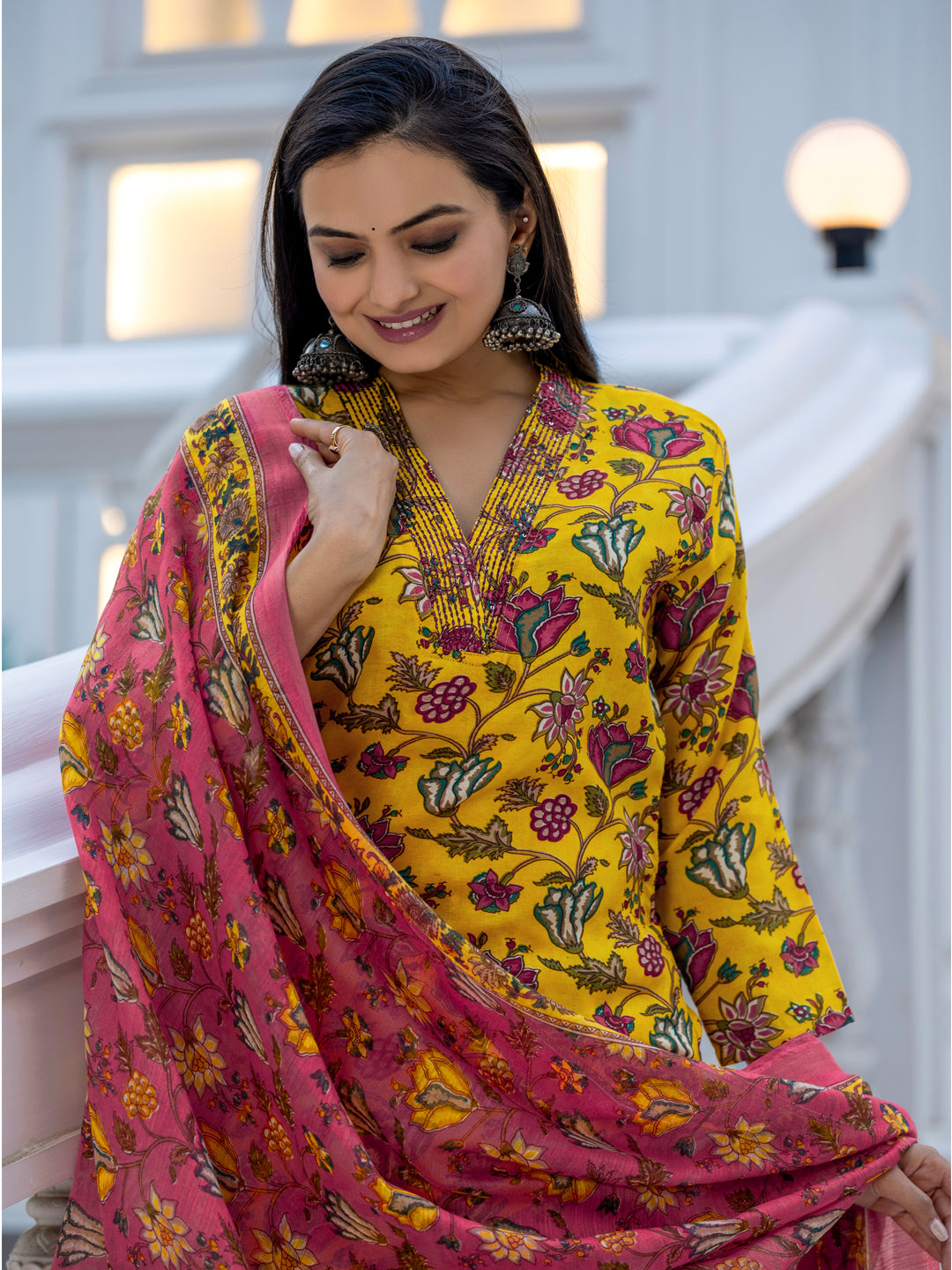 Kurti Pant Dupatta Set, Yellow Rayon, Stitched