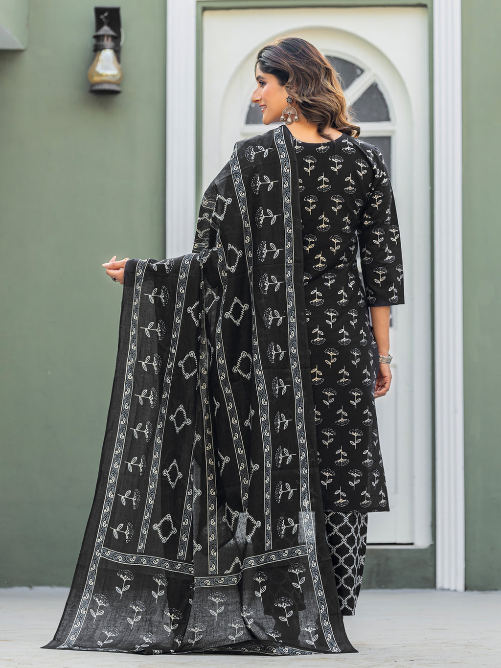 Kurti Pant Dupatta Set, Black Cotton, Stitched