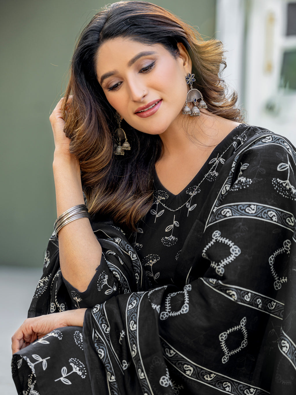 Kurti Pant Dupatta Set, Black Cotton, Stitched