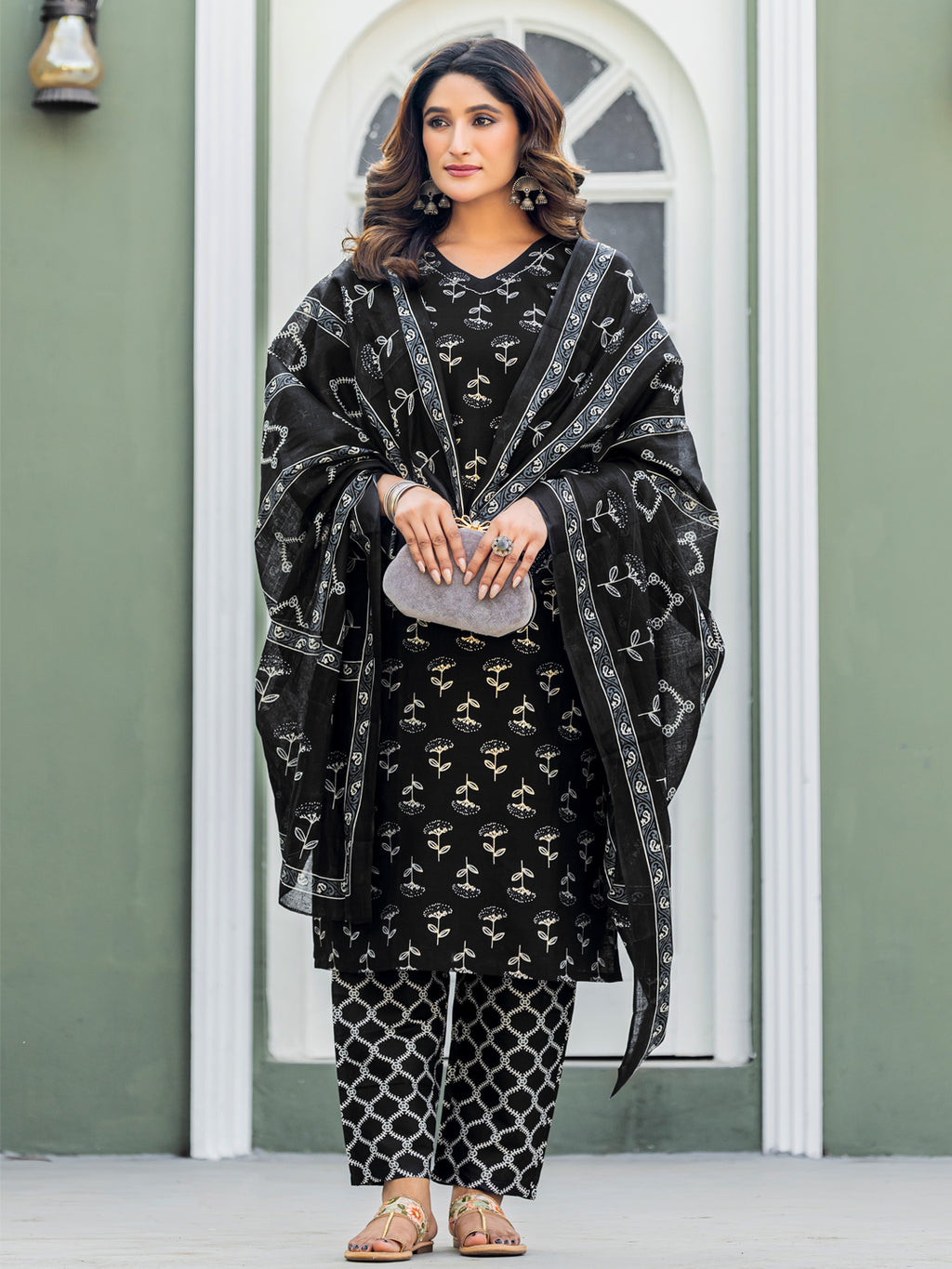 Kurti Pant Dupatta Set, Black Cotton, Stitched