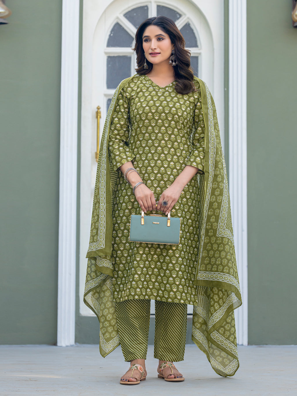 Kurti Pant Dupatta Set, Mehendi Cotton, Stitched