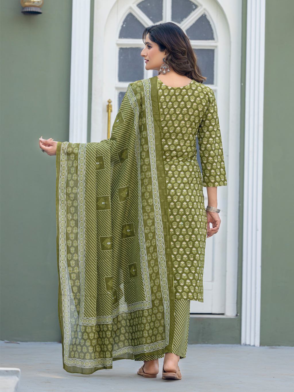 Kurti Pant Dupatta Set, Mehendi Cotton, Stitched
