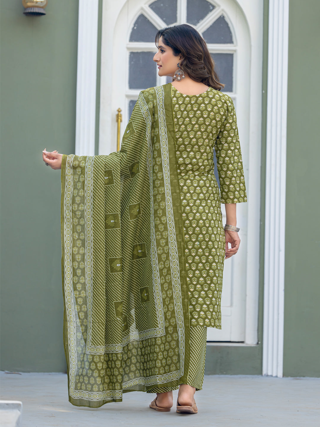 Kurti Pant Dupatta Set, Mehendi Cotton, Stitched