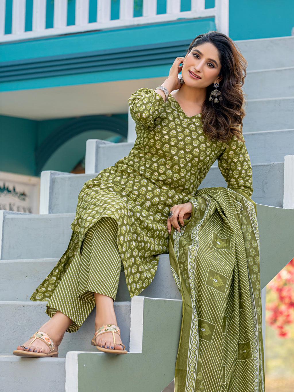 Kurti Pant Dupatta Set, Mehendi Cotton, Stitched