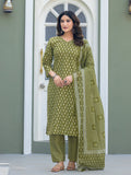 Kurti Pant Dupatta Set, Mehendi Cotton, Stitched