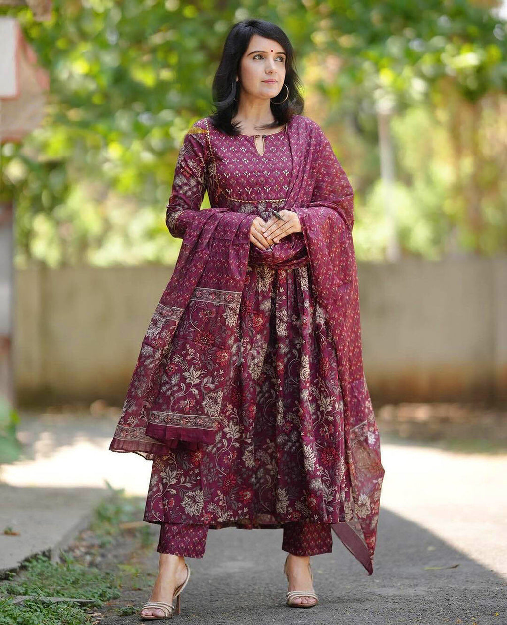 Kurti Pant Dupatta Set, Maroon Rayon Printed, Stitched