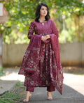 Kurti Pant Dupatta Set, Maroon Rayon Printed, Stitched