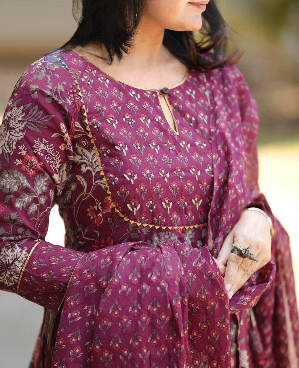 Kurti Pant Dupatta Set, Maroon Rayon Printed, Stitched