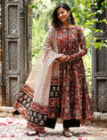 Kurti Pant Dupatta Set, Maroon Rayon Printed, Stitched