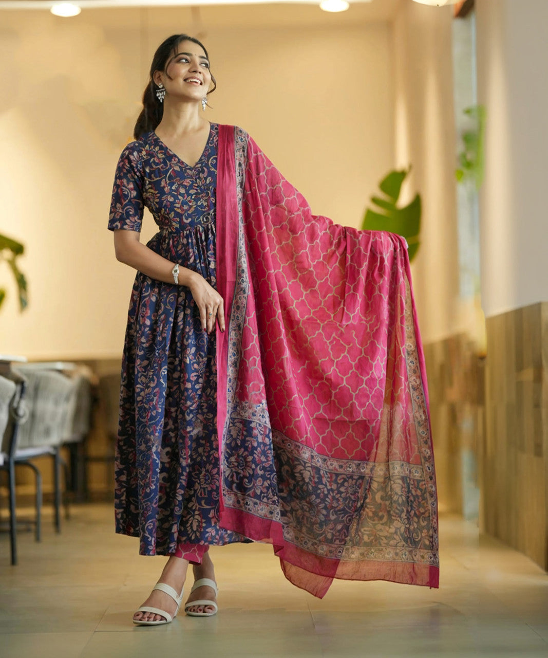 Kurti Pant Dupatta Set, Navy Blue Rayon Printed, Stitched