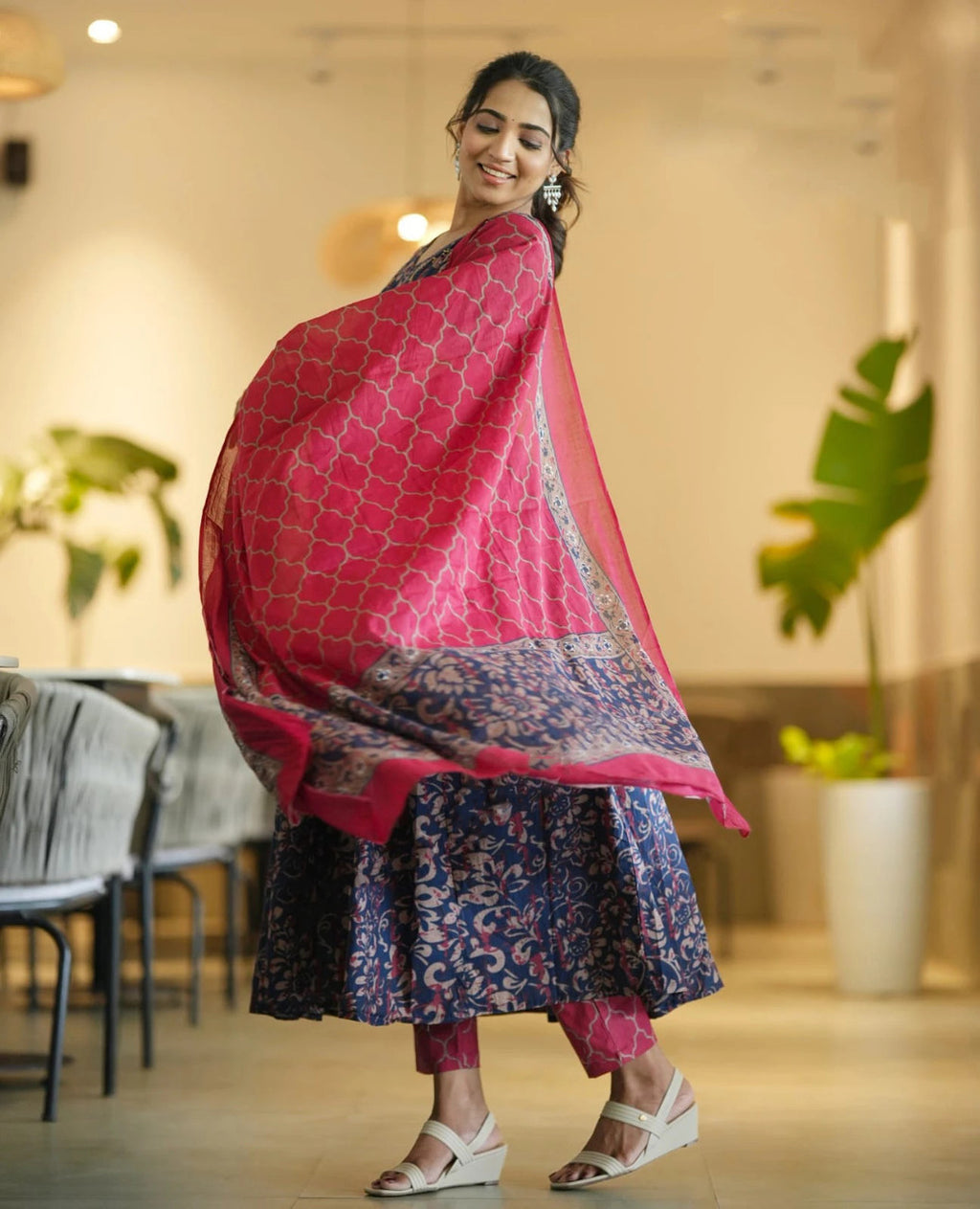 Kurti Pant Dupatta Set, Navy Blue Rayon Printed, Stitched