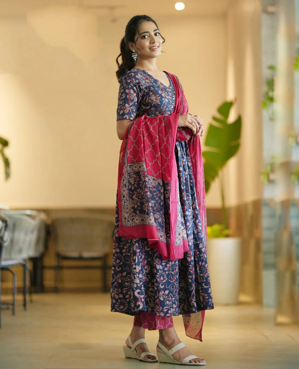 Kurti Pant Dupatta Set, Navy Blue Rayon Printed, Stitched