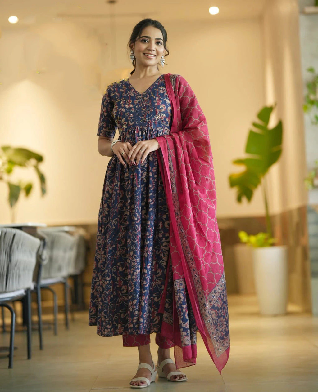 Kurti Pant Dupatta Set, Navy Blue Rayon Printed, Stitched