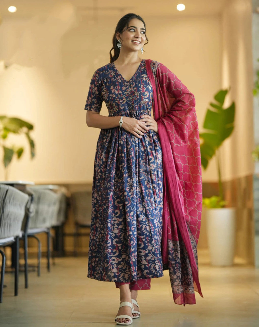 Kurti Pant Dupatta Set, Navy Blue Rayon Printed, Stitched