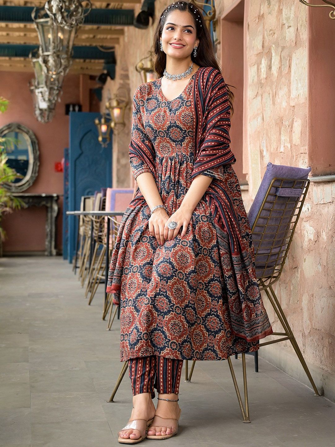Kurti Pant Dupatta Set, Maroon Rayon Printed, Stitched