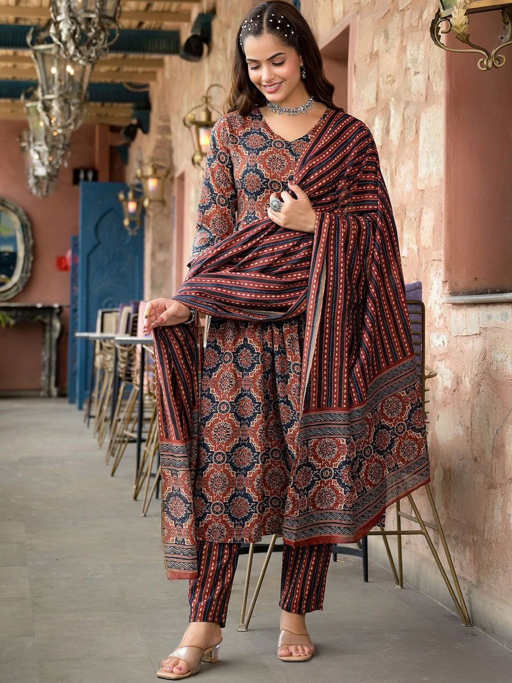 Kurti Pant Dupatta Set, Maroon Rayon Printed, Stitched
