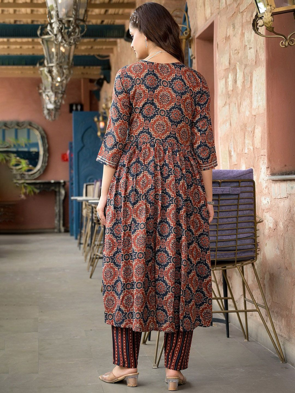 Kurti Pant Dupatta Set, Maroon Rayon Printed, Stitched