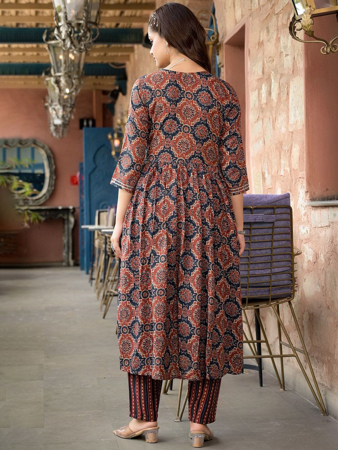Kurti Pant Dupatta Set, Maroon Rayon Printed, Stitched