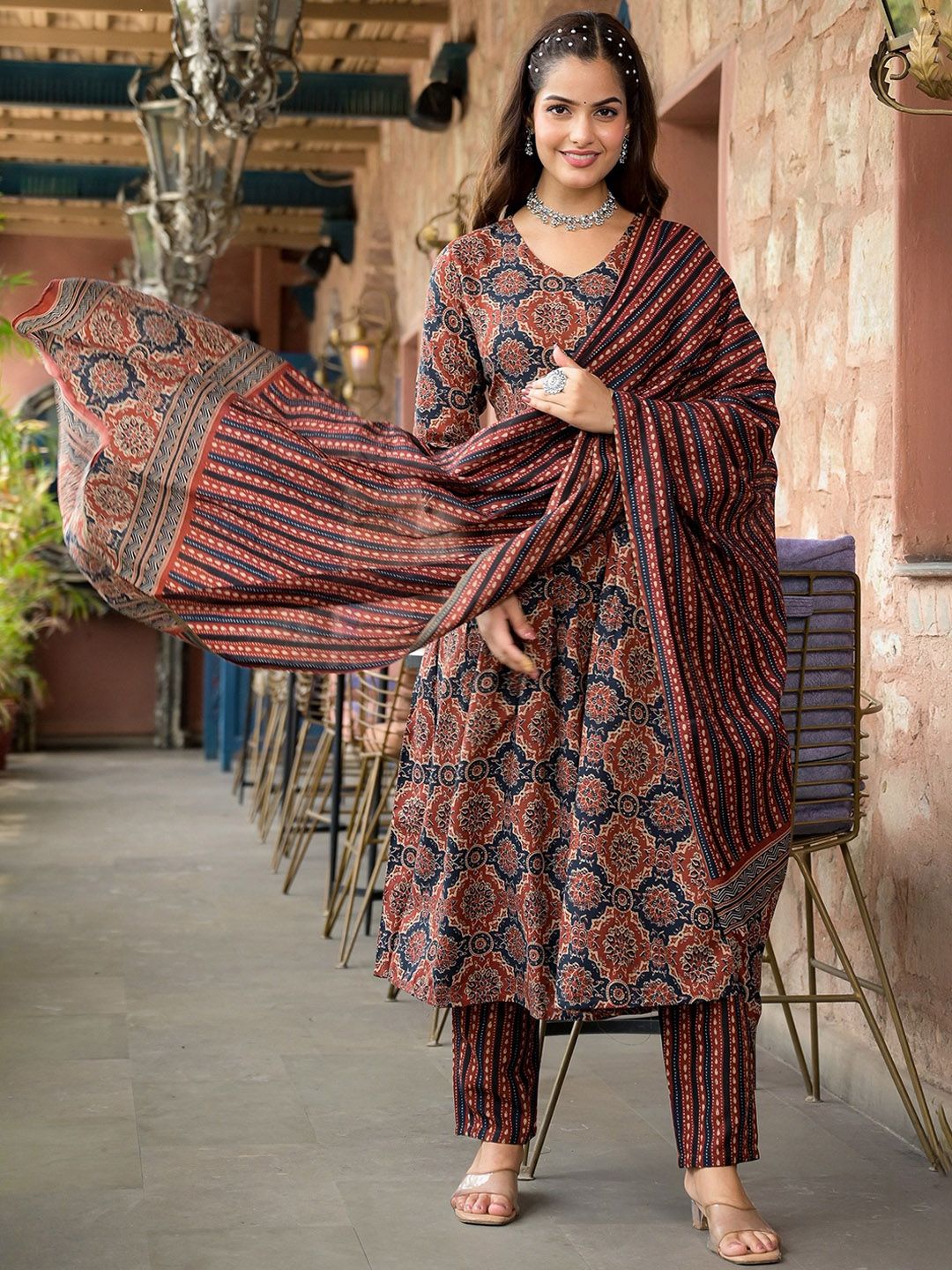Kurti Pant Dupatta Set, Maroon Rayon Printed, Stitched