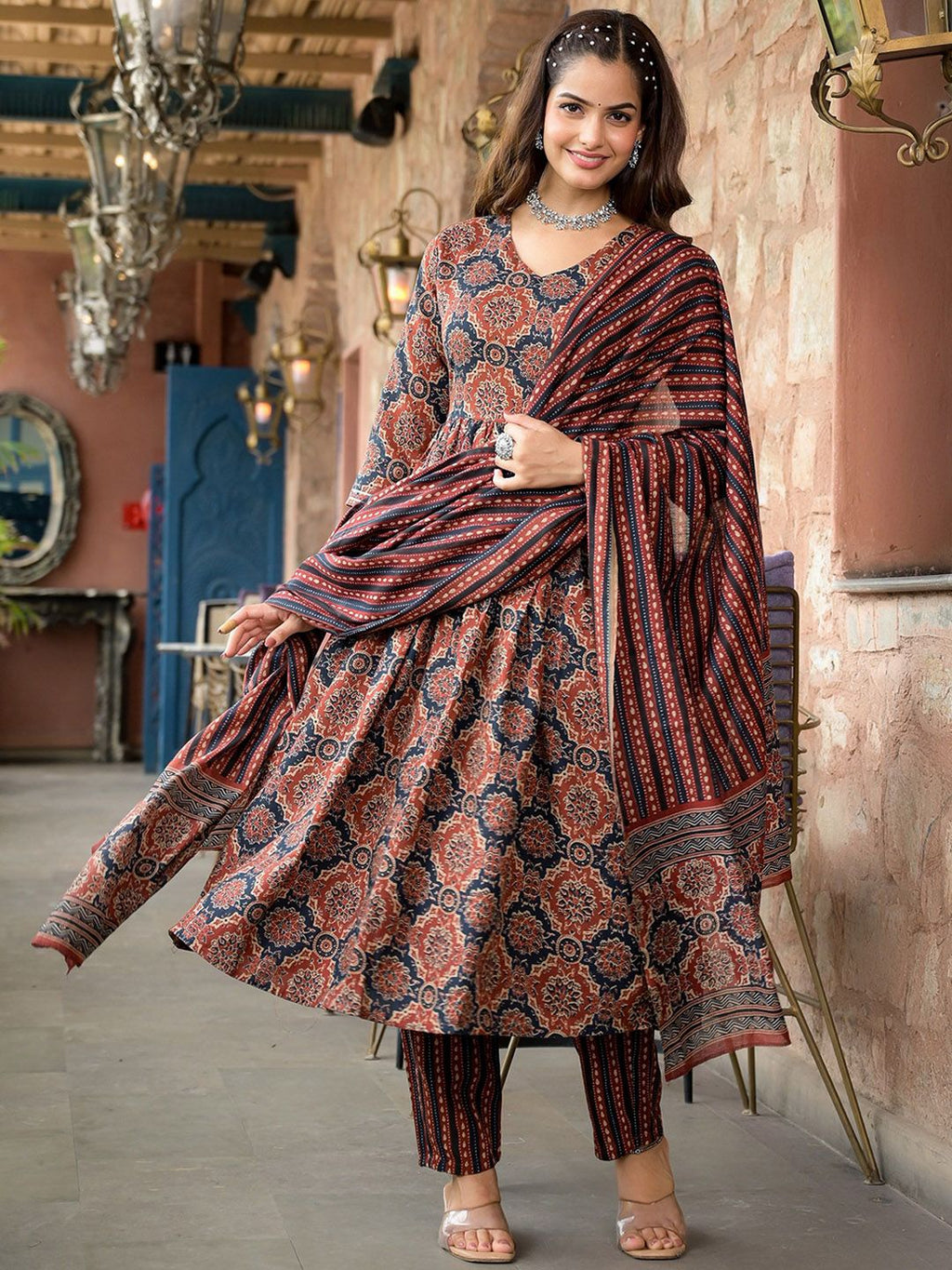 Kurti Pant Dupatta Set, Maroon Rayon Printed, Stitched