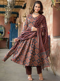 Kurti Pant Dupatta Set, Maroon Rayon Printed, Stitched