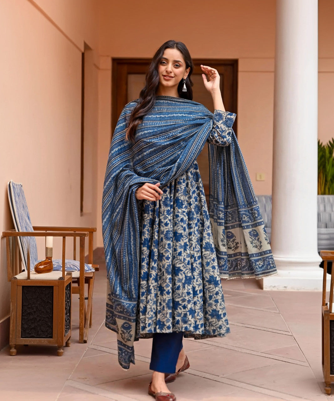 Kurti Pant Dupatta Set, Navy Blue Rayon Printed, Stitched