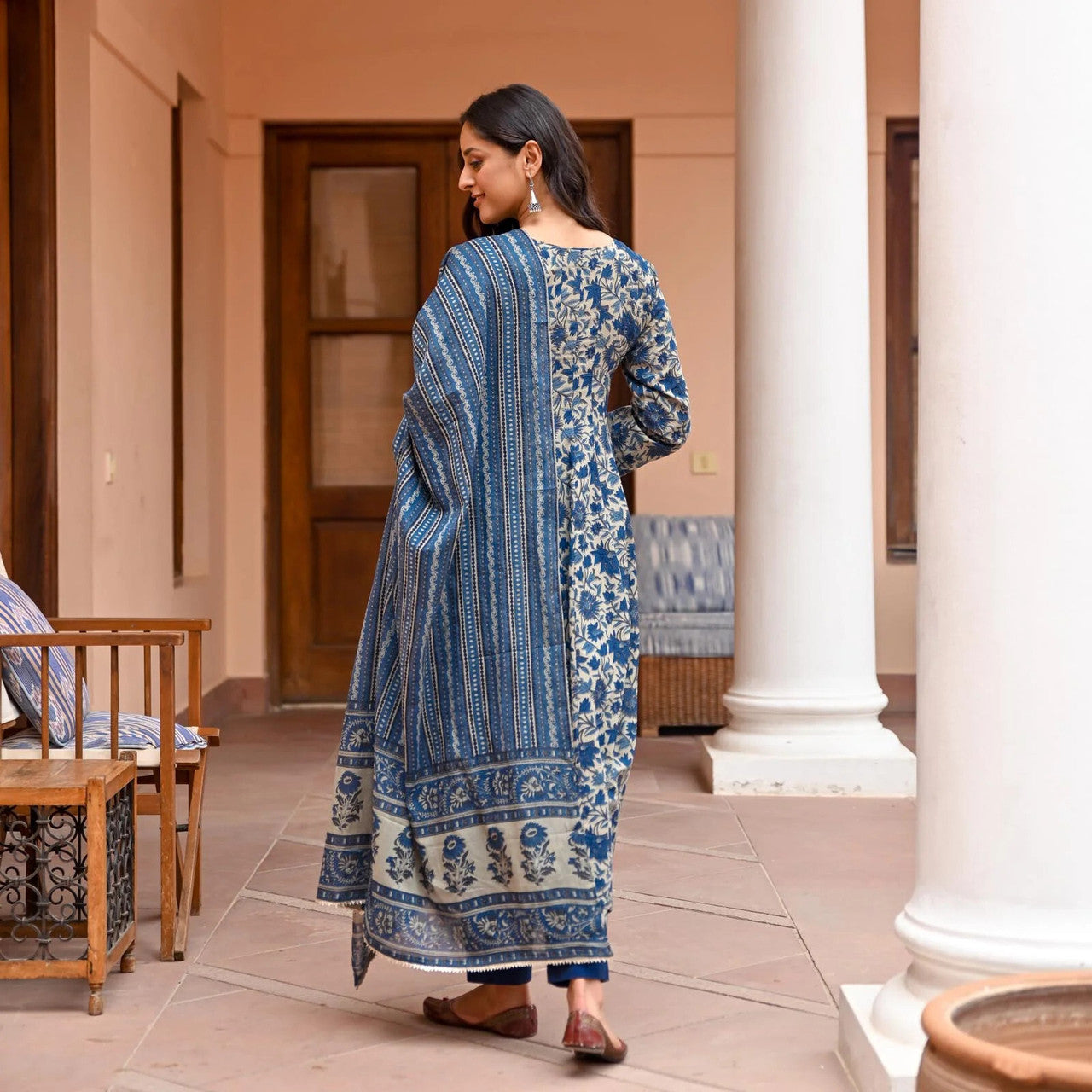 Kurti Pant Dupatta Set, Navy Blue Rayon Printed, Stitched