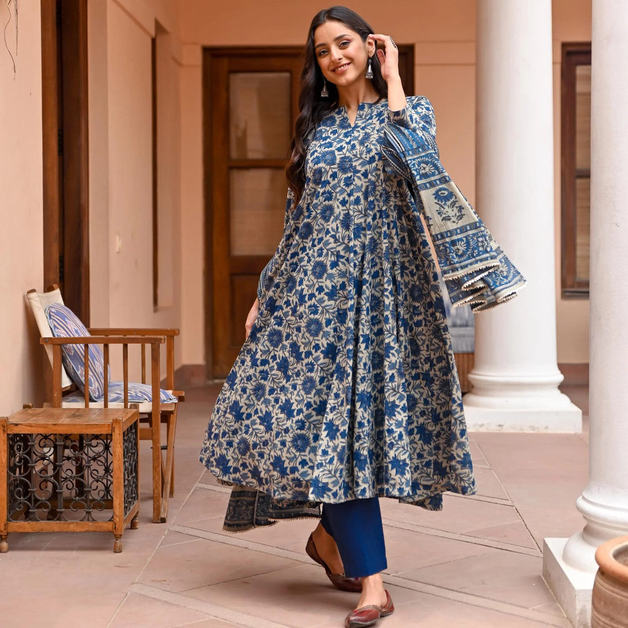 Kurti Pant Dupatta Set, Navy Blue Rayon Printed, Stitched