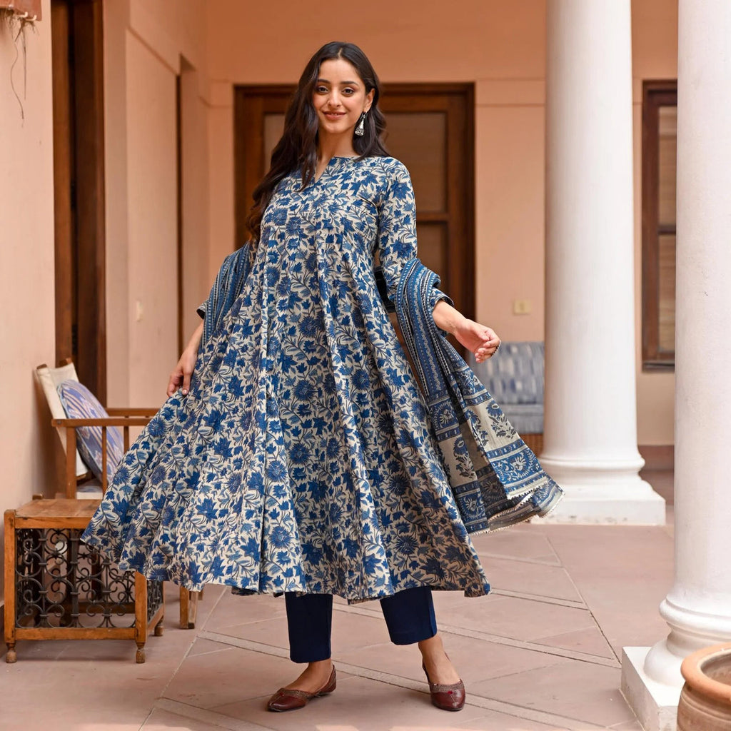 Kurti Pant Dupatta Set, Navy Blue Rayon Printed, Stitched