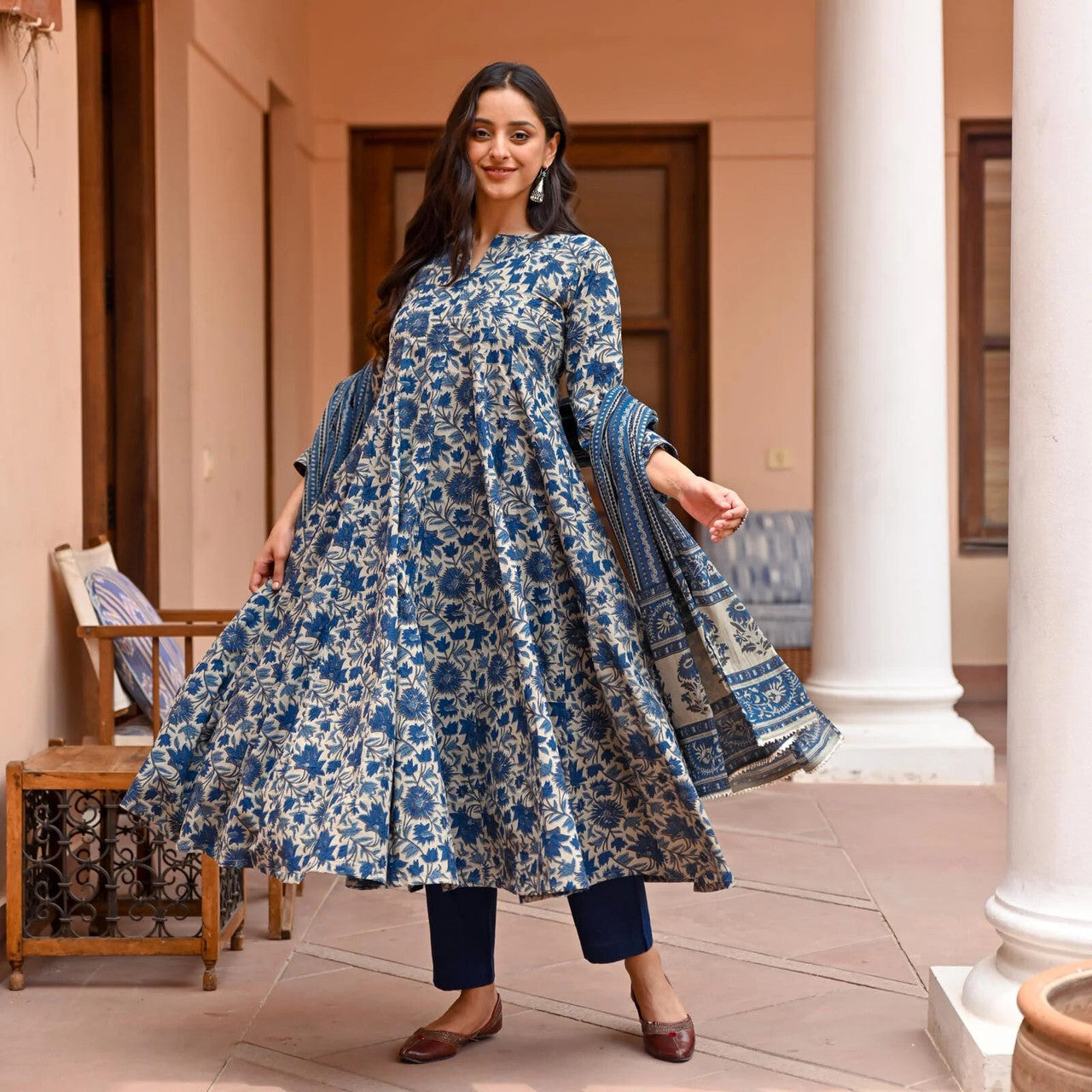 Kurti Pant Dupatta Set, Navy Blue Rayon Printed, Stitched