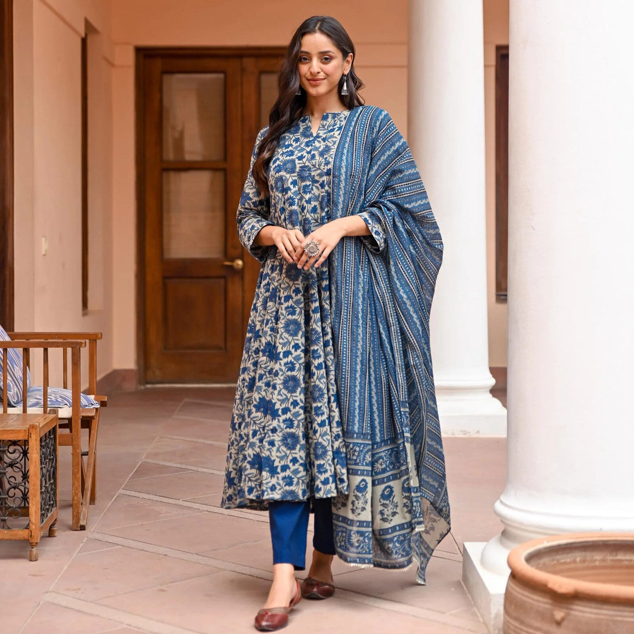 Kurti Pant Dupatta Set, Navy Blue Rayon Printed, Stitched