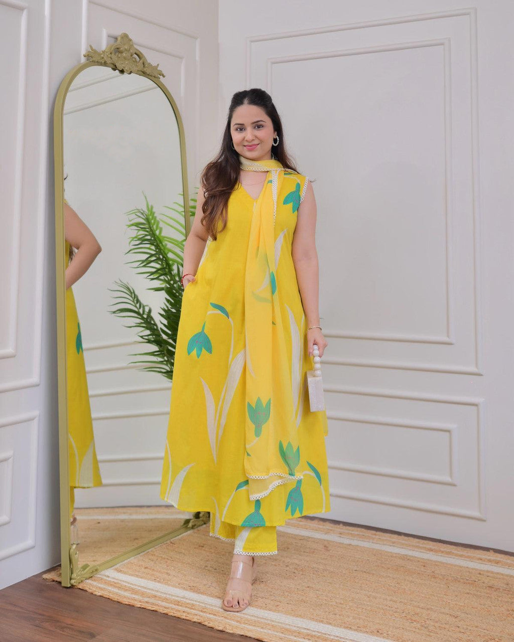 Kurti Pant Dupatta Set, Yellow Rayon Printed, Stitched