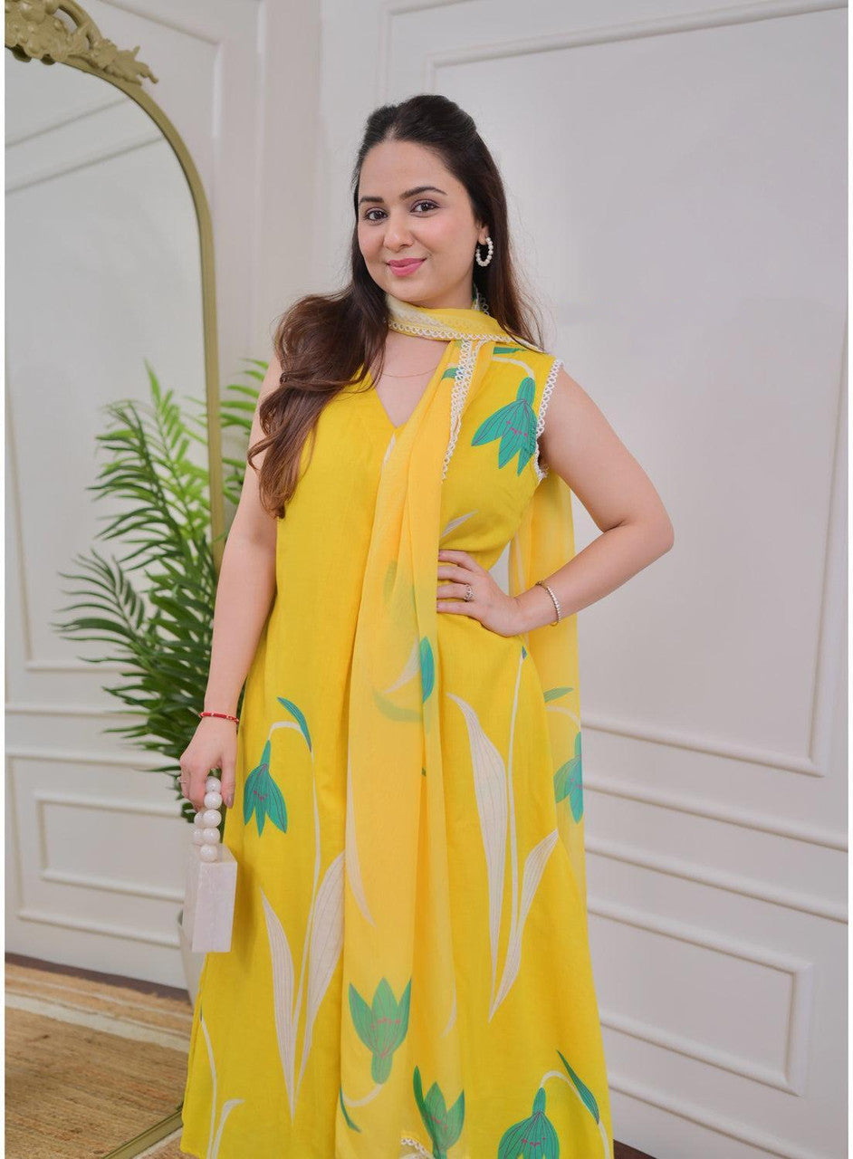 Kurti Pant Dupatta Set, Yellow Rayon Printed, Stitched