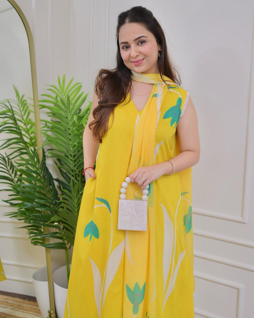 Kurti Pant Dupatta Set, Yellow Rayon Printed, Stitched