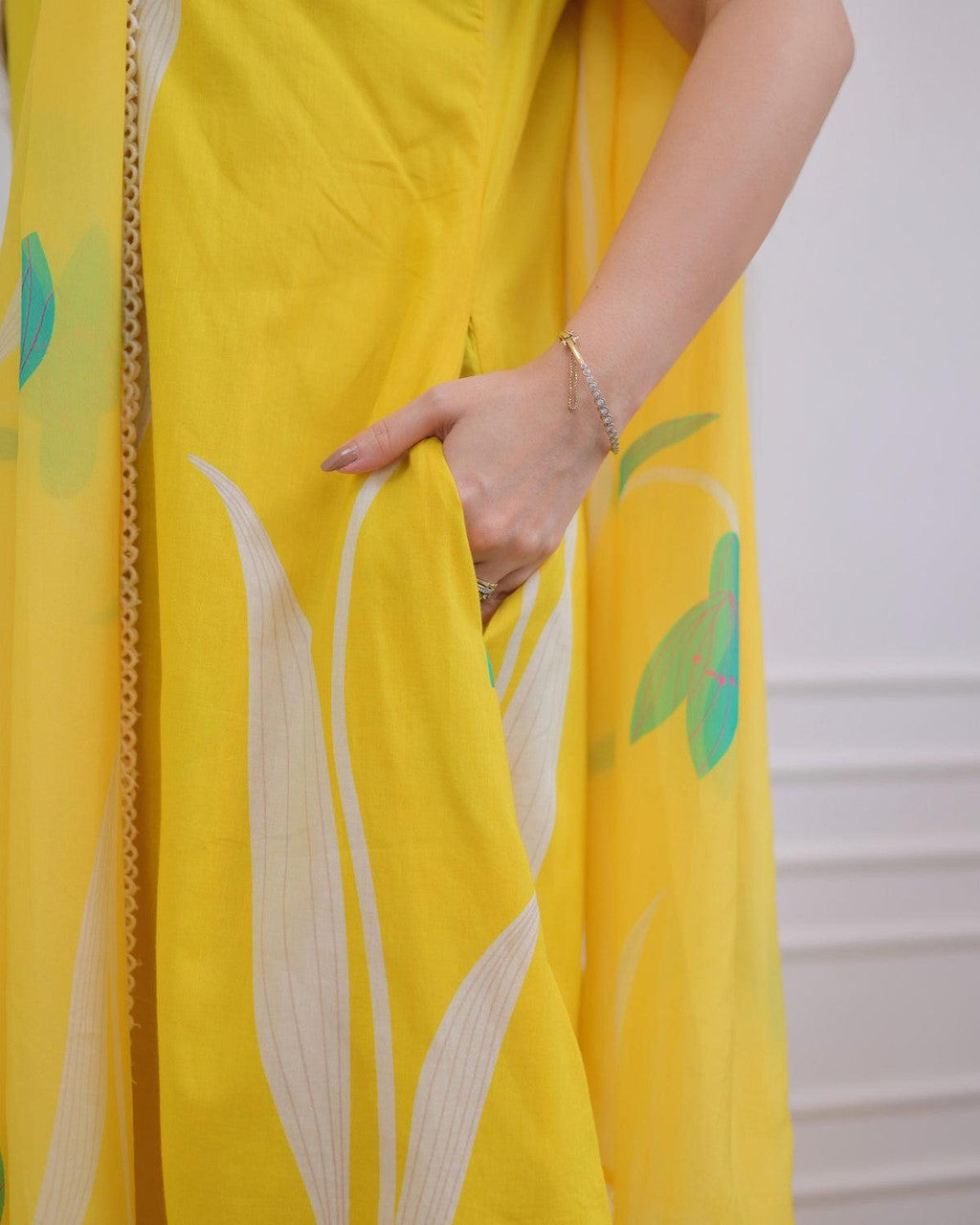 Kurti Pant Dupatta Set, Yellow Rayon Printed, Stitched