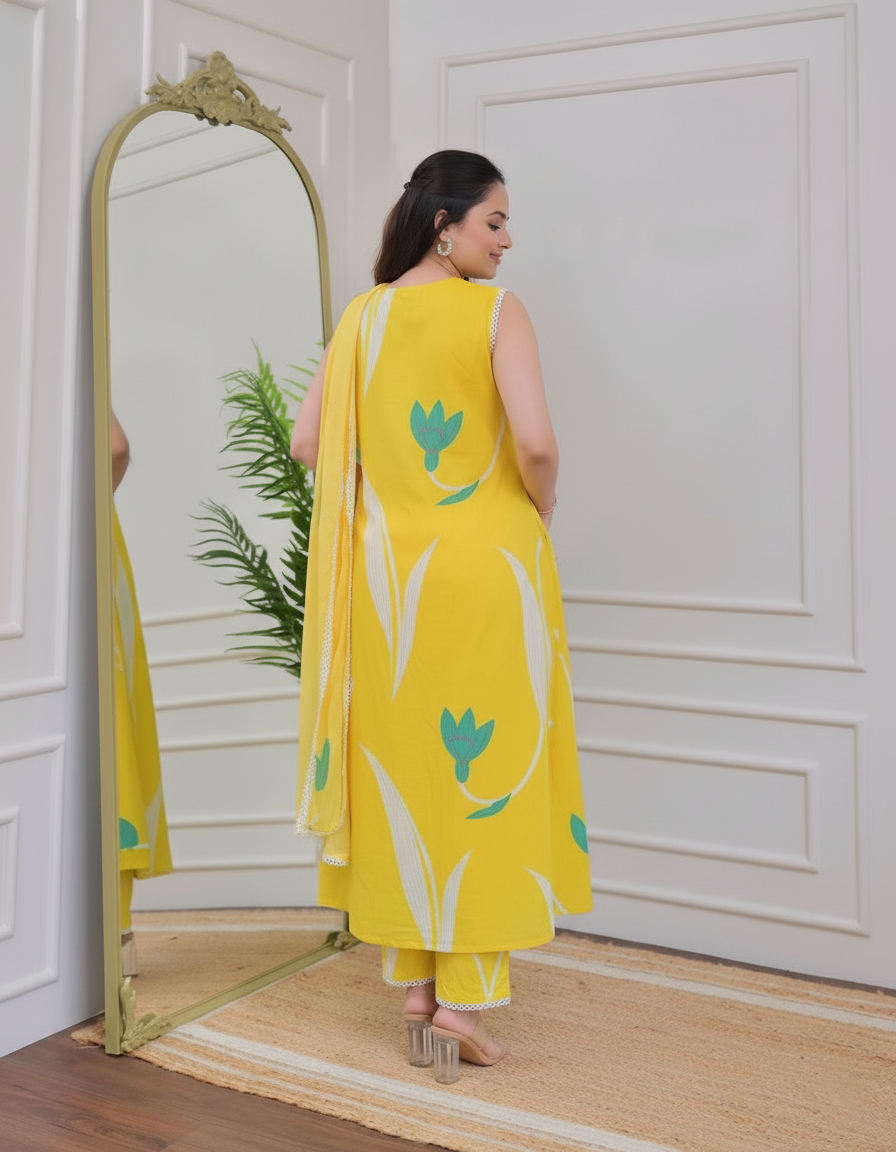 Kurti Pant Dupatta Set, Yellow Rayon Printed, Stitched
