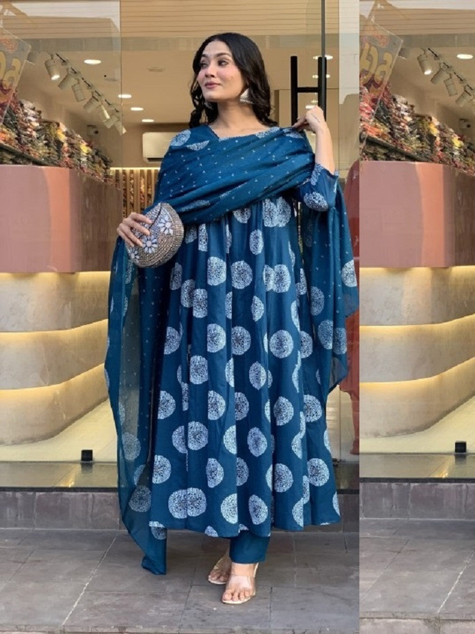 Kurti Pant Dupatta Set, Stitched, Morpich Rayon Printed