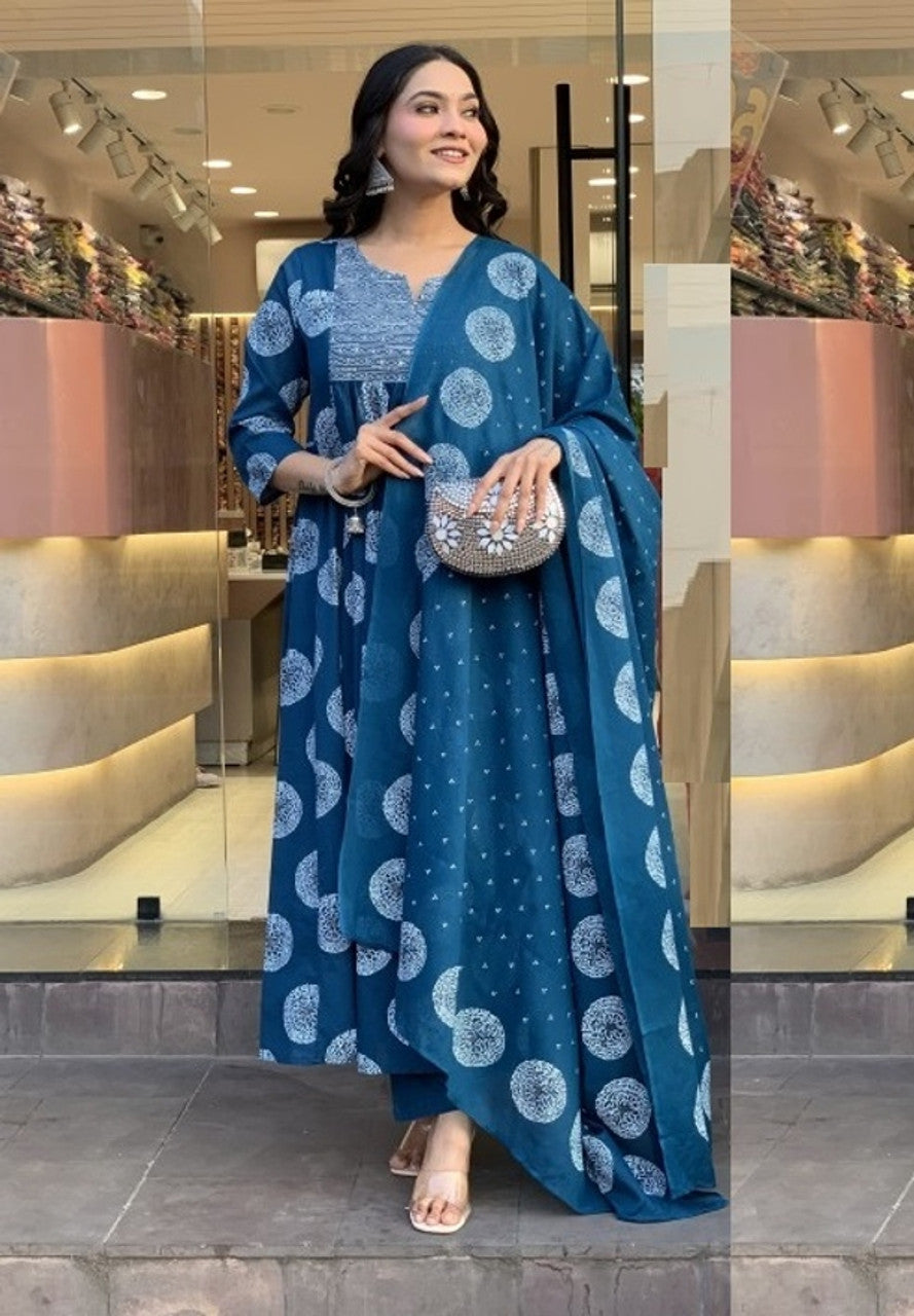 Kurti Pant Dupatta Set, Stitched, Morpich Rayon Printed