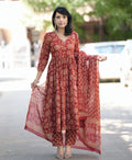 Kurti Pant Dupatta Set, Maroon Rayon Printed, Stitched