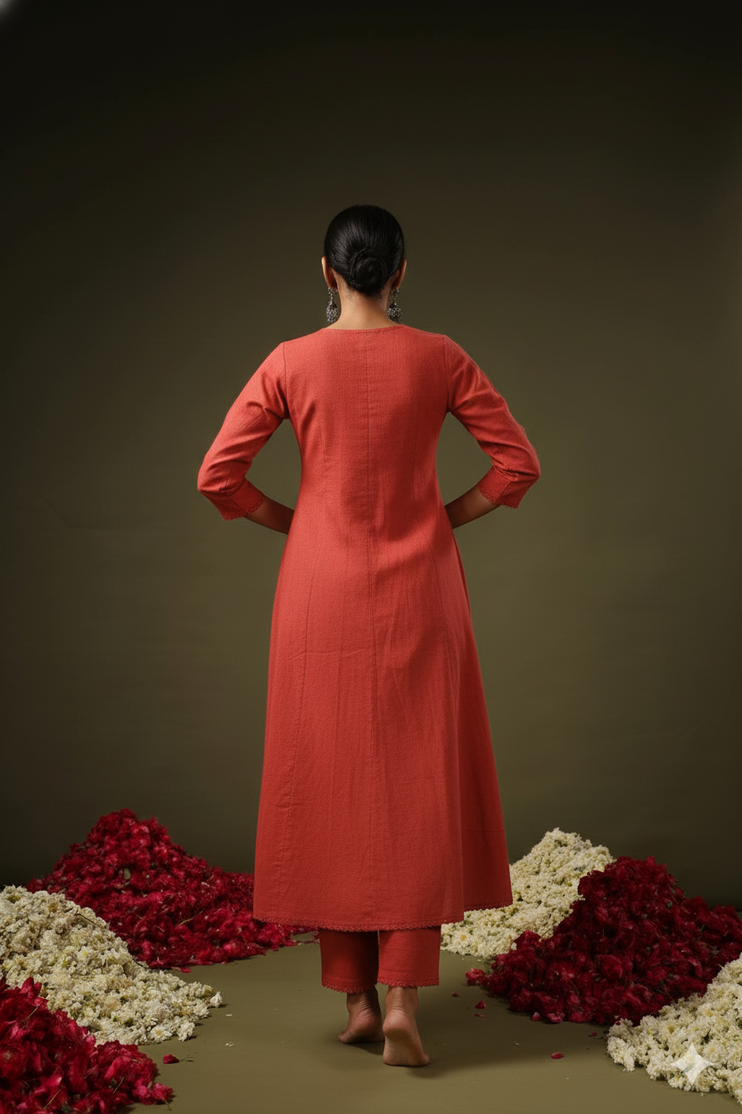 Person wearing a red kurta with white and red floral decorations on a dark background