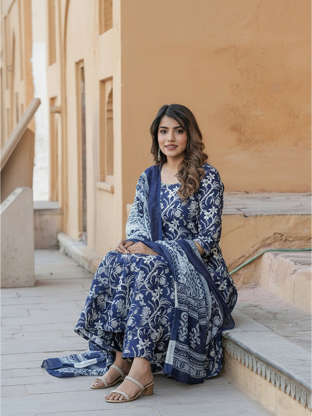 Woman in a blue patterned dress sitting on steps with a beige wall in the background