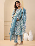 Woman wearing a blue and white floral outfit with a matching dupatta in a minimalistic setting.