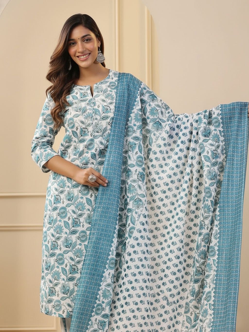 Woman wearing a blue and white floral patterned outfit with a matching dupatta.
