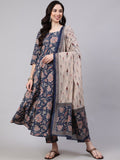 Woman wearing a floral dress with a matching dupatta on a gray background