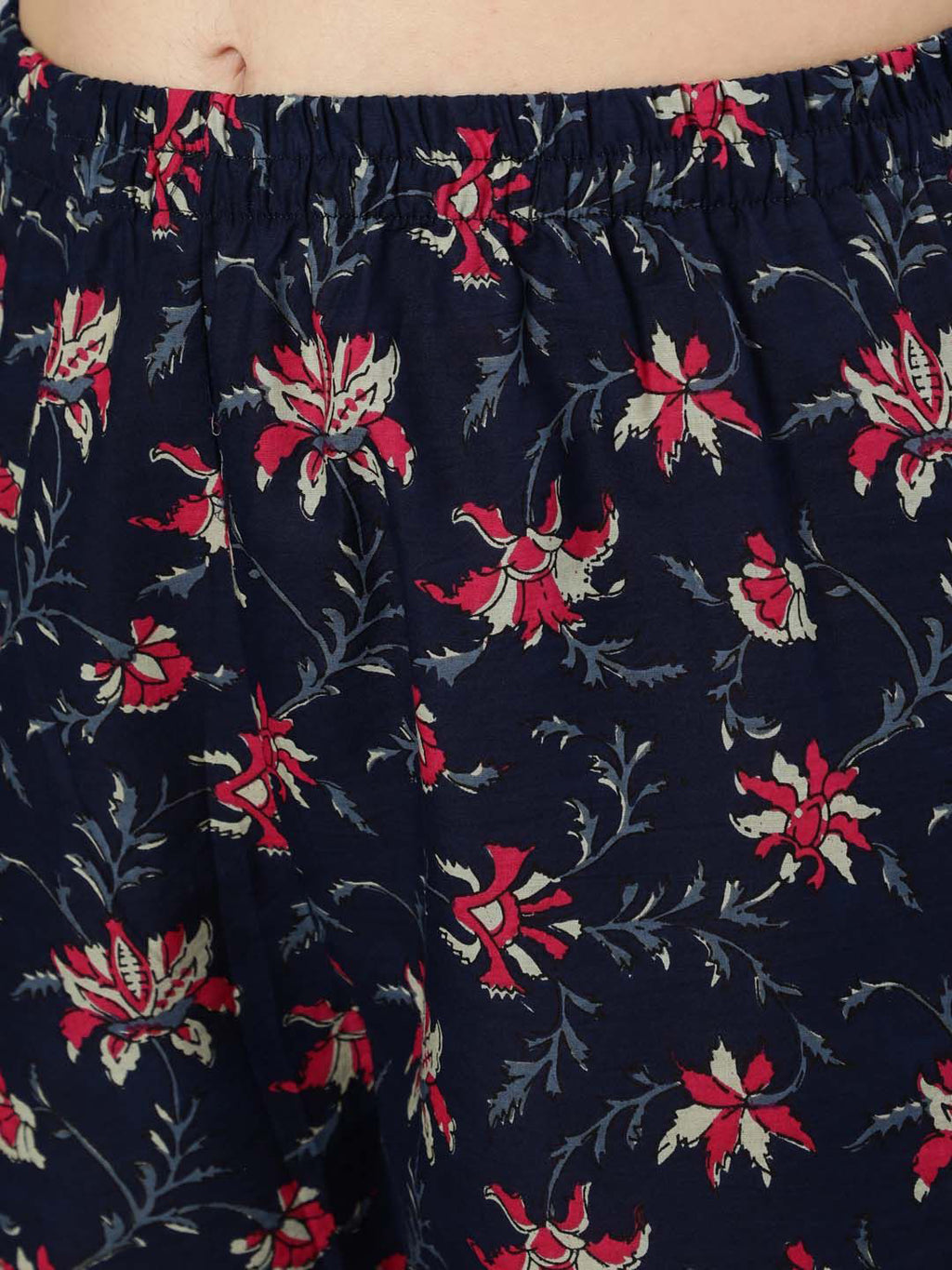 Navy blue fabric with red and white floral pattern